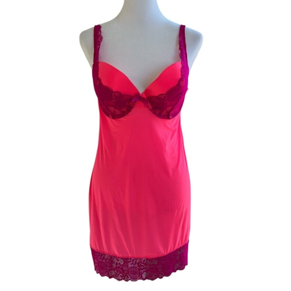 Victorias Secret Slip Dress‎ Nightgown Lingerie Lace Trim Hot Pink Purple 36D